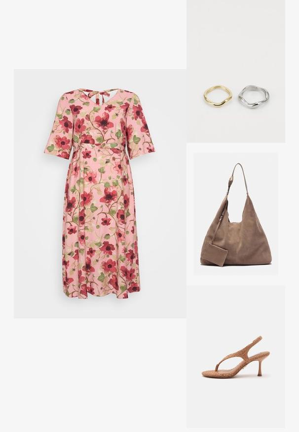 Blomsterkjole med en lyserød baggrund, prydet med røde og grønne blomstermønstre, korte flagrende ærmer og en V-hals med en slipsdetalje bagpå.; Brun vævet slingback sandal med tynd høj hæl og tåstrop, isoleret på lys grå baggrund.; Zign Shopping bags - light brown; To ringe vises: en gylden med et glat, snoet design og en sølv med en lignende snoet form, begge på en hvid baggrund.