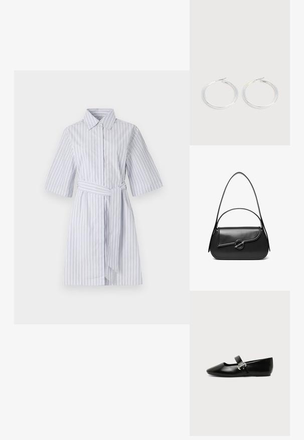 Vestido camisero de tela ligera con rayas verticales en azul y gris, mangas cortas y un cinturón a juego. Con cierre de botones en la parte delantera.; Zapato plano Mary Jane de cuero negro con punta redondeada y hebilla plateada sobre un fondo liso.; Bolso de hombro de cuero negro con una solapa curva asegurada por un broche metálico redondo y una correa delgada y ajustable.; Pareja de pendientes de aro plateados brillantes con cierres de alambre delgado, mostrados sobre un fondo gris claro.
