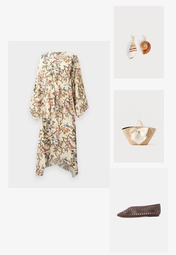 Longue robe crème avec imprimé floral et de vigne, manches longues bouffantes, boutonnée à l'avant et ceinture assortie en tissu à la taille.; Chaussure plate marron avec un motif ajouré tissé et un bout rond fermé, vue de profil sur un fond clair.; Sac cabas en paille tissée avec des poignées en tissu crème et un grand nœud décoratif crème à l'avant, sur un fond uni.; Boucles d'oreilles asymétriques avec pendentifs en coquillages, clous dorés avec dessus en perle et petites pierres précieuses transparentes incrustées sur chaque coquillage.