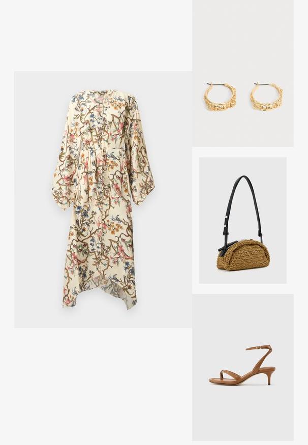 Longue robe crème avec imprimé floral et de vigne, manches longues bouffantes, boutonnée à l'avant et ceinture assortie en tissu à la taille.; Sandale en cuir marron avec lanières, talon bas en forme de petit escarpin et bride à la cheville avec une petite boucle, vue de côté sur un fond uni.; Petit sac à main tressé couleur fauve avec forme incurvée, bandoulière en cuir noir réglable et fermeture éclair argentée.; Paire de boucles d’oreilles créoles couleur or avec embossage floral et feuillage orné sur un fond neutre.