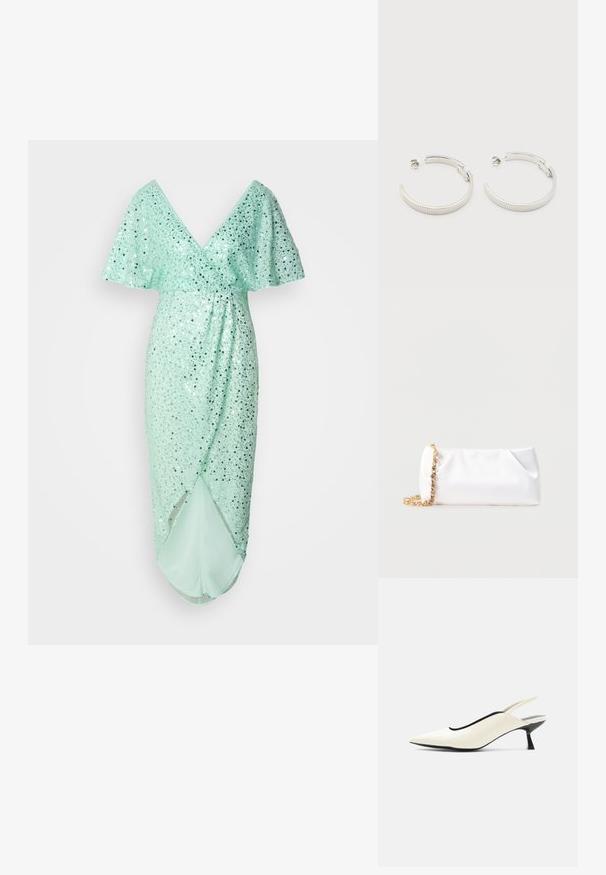 Puku mint vihreä V-pääntiellä ja liehuvilla hihoilla, koristeltu hopeisilla kimalteilla. Sisältää draperoidun siluetin ja sivuhalkion.; Kermansävyinen, teräväkärkinen slingback-kenkä, jossa matala musta kitten-korko ja sileä nahkapinta valkoisella taustalla.; Valkoinen pehmeä käsilaukku, jossa on kultainen ketjuhihna ja kirkkailla jalokivillä koristeltu, yksinkertaisen vaaleanharmaan taustan edessä.; Hopeisävyiset puolikuunmuotoiset korvarenkaat, joissa on uurrettu kuviointi ja takaa painettava kiinnitys, valkoisella taustalla.