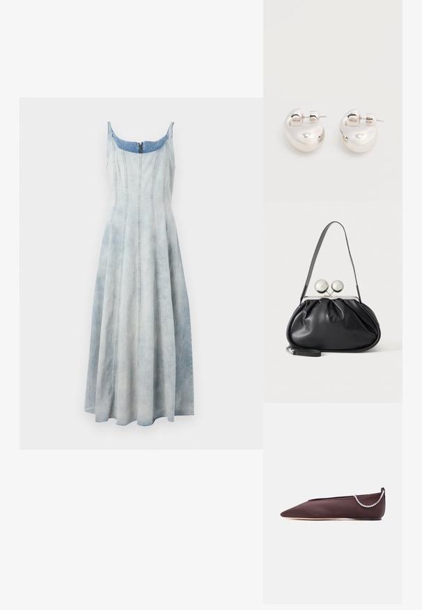 Robe en denim avec un dégradé de bleu clair, corsage ajusté, jupe évasée et détails de couture visibles. Fermeture éclair au dos.; Chaussure plate marron foncé à bout pointu avec un petit talon et un détail chaîne en strass argentée à l'arrière.; Sac à main en cuir noir avec un design plissé, une sangle unique, un cadre métallique argenté et deux grandes fermoirs ronds en argent.; Paire de boucles d'oreilles argentées brillantes et épaisses avec fermoirs à tige, sur fond blanc uni.