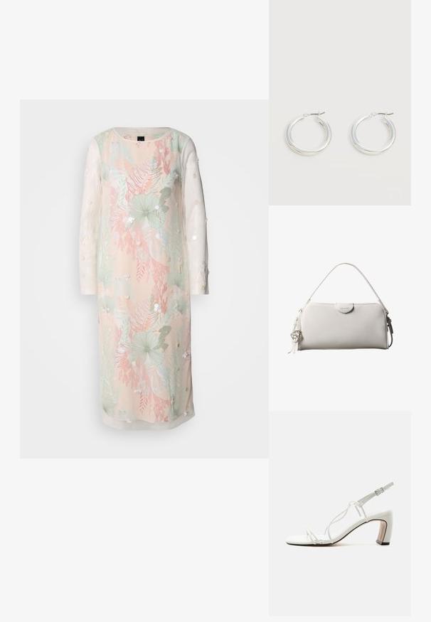 Robe florale en couleurs pastel avec de longues manches transparentes, ornée de broderies et de décorations. Tissu léger avec une coupe décontractée.; Sandale blanche à brides avec bout carré, fines lanières latérales, boucle à la cheville et talon bloc courbé avec bord de semelle noir.; Sac à main rectangulaire blanc Calvin Klein avec une seule poignée, design minimaliste et pampilles décoratives avec un charm métallique géométrique sur le côté.; Paire de boucles d'oreilles créoles moyennes argentées brillantes avec de fines attaches métalliques sur un fond clair et neutre.