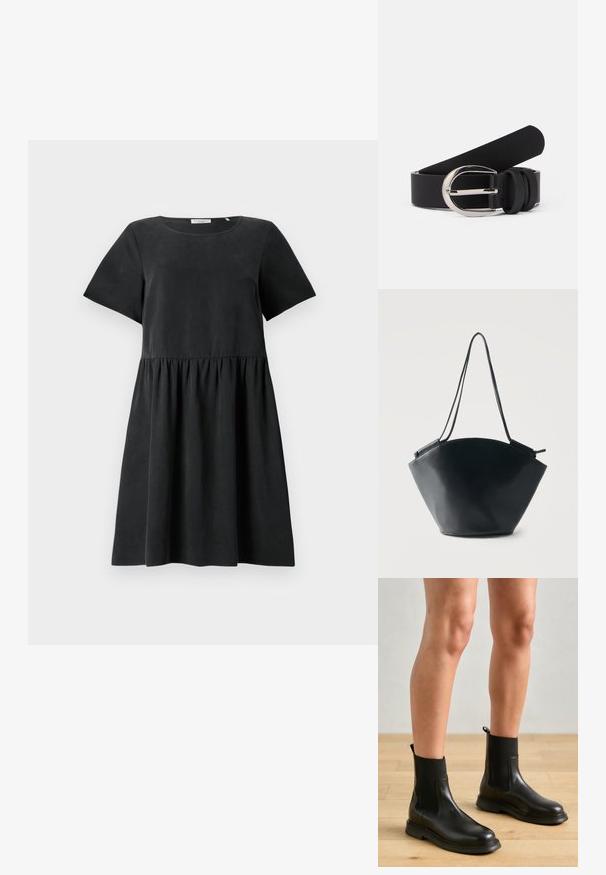 Vestido negro de manga corta con escote redondo, tela texturizada y cintura fruncida, que crea una silueta acampanada.; Botas de cuero negro hasta el tobillo con paneles laterales elásticos y un cuello de punto texturizado, con suela plana y tirador en la parte posterior.; Bolso saco de cuero negro con base ancha y redondeada y correas dobles estrechas para el hombro sobre un fondo claro liso.; Cinturón de cuero negro con una textura suave, con una hebilla metálica en tono plateado y acentos de bucle simples. El diseño es elegante y minimalista.