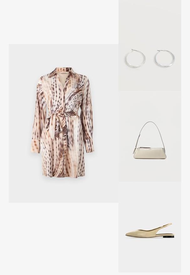 Robe chemise à manches longues avec col et ceinture nouée, présentant un motif abstrait d'animaux en beige, marron et crème.; Chaussure plate beige à bout pointu avec bride arrière, petit talon noir et finition en cuir lisse, vue de côté sur un fond uni.; Petit sac à épaule en cuir beige avec une fine bandoulière et une fermeture éclair, orné d'un logo métallique discret au centre avant.; Boucles d’oreilles créoles en métal argenté avec une surface lisse légèrement incurvée et des fermoirs à clapet sur un fond blanc uni.