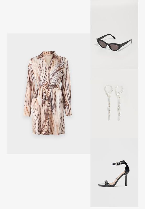 Robe chemise à manches longues avec col et ceinture nouée, présentant un motif abstrait d'animaux en beige, marron et crème.; Sandale à talon haut en cuir verni noir avec bride à la cheville. Présente un design minimaliste, un bout ouvert et une boucle ornée de strass.; Lunettes de soleil cat-eye avec une monture noire mate et des verres sombres, comportant un logo "vogue" sur le côté et une forme angulaire distinctive.; Boucles d'oreilles pendantes en argent avec des cristaux clairs rectangulaires et ronds alignés verticalement, sécurisées par des fermoirs à levier.