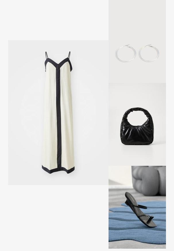 Langere mouwloze maxi-jurk in crème met een diepe V-hals en zwarte trim langs de randen en aan de voorkant. Gemaakt van lichte stof.; Zwarte sandalen met bandjes en teenlus, gepresenteerd op een blauw gestructureerd tapijt, met een groot grijs decoratief object wazig op de achtergrond.; Zwarte gevoerde handtas met een ronde handgreep, met een gladde, glanzende oppervlakte en een zachte, gewatteerde textuur. Geen zichtbare metalen onderdelen of accenten.; Een paar glanzende zilveren oorringen met dunne draadafsluitingen, getoond op een lichtgrijze achtergrond.