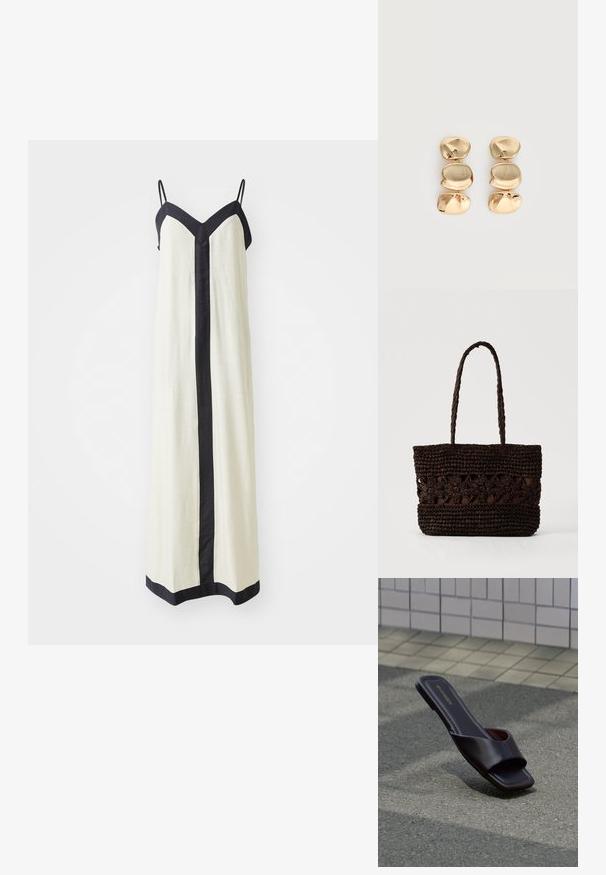 Ärmelloses Maxikleid in Creme mit tiefem V-Ausschnitt und schwarzem Besatz entlang der Kanten und vorne. Hergestellt aus leichtem Stoff.; Dunkelbraune offene Sandale mit quadratischer Spitze und breitem Riemen, liegend auf grauem Asphalt neben gefliestem Bürgersteig.; Dunkelbraune gewebte Tragetasche mit Blumenmustern und zwei langen geflochtenen Griffen auf hellem einfarbigem Hintergrund.; Ohrhänger in Goldoptik mit drei unregelmäßigen, glatten, abgerundeten Segmenten, die vertikal auf einem schlichten, hellen Hintergrund gestapelt sind.