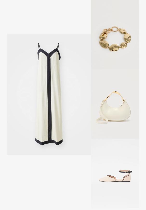 Ärmelloses Maxikleid in Creme mit tiefem V-Ausschnitt und schwarzem Besatz entlang der Kanten und vorne. Hergestellt aus leichtem Stoff.; Flache Ballettschuhe in hellem Beige mit spitzem Zehenbereich, ausgestattet mit einem geschwungenen Ausschnittdesign und einem schwarzen Knöchelriemen. Glatte Textur und minimalistischer Stil.; Cremfarbene, halbmondförmige Handtasche mit glänzendem, goldfarbenem kurzem Griff und passendem langem Riemen vor schlichtem hellem Hintergrund.; Goldfarbiges, massives Armband mit abwechselnd großen und kleinen unregelmäßigen ovalen Gliedern und einem Knebelverschluss auf weißem Hintergrund.