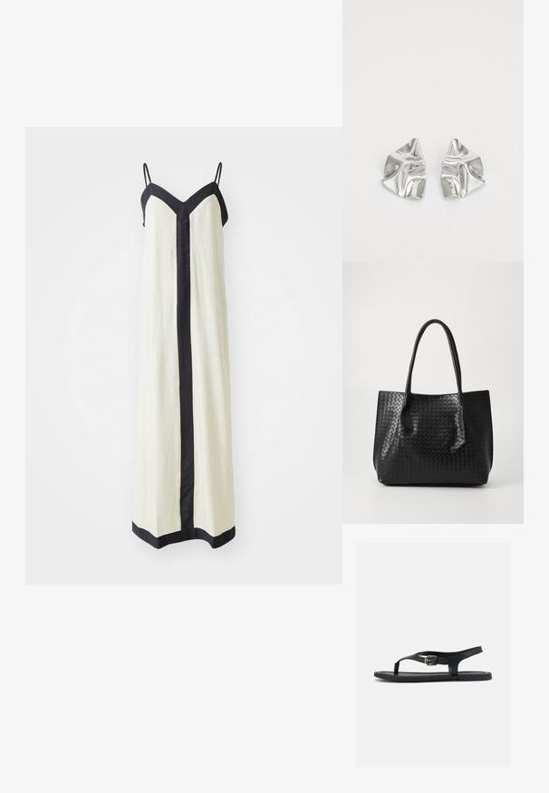 Ärmelloses Maxikleid in Creme mit tiefem V-Ausschnitt und schwarzem Besatz entlang der Kanten und vorne. Hergestellt aus leichtem Stoff.; Schwarze flache Sandale mit Knöchelriemen, Zehensteg und silberner Schnalle auf glatter Sohle, seitlich auf weißem Hintergrund dargestellt.; Schwarze geflochtene Ledertasche mit zwei Griffen, strukturierte Form und subtiler glänzender Oberfläche vor einem schlichten hellen Hintergrund.; Silberne Metallohrringe mit einem wellenförmigen, skulpturalen Design, das eine polierte Oberfläche und unregelmäßige Formen aufweist, die eine zeitgenössische Ästhetik betonen.