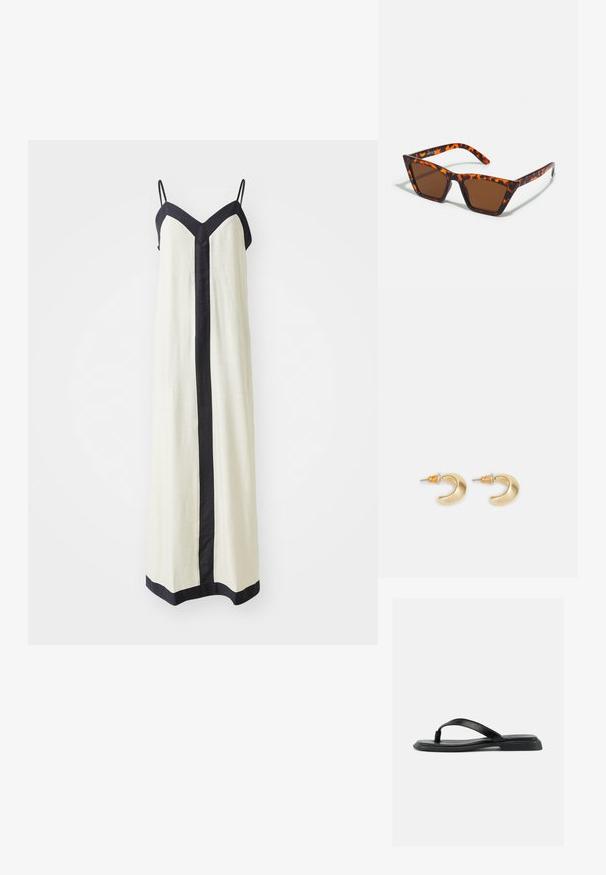 Ärmelloses Maxikleid in Creme mit tiefem V-Ausschnitt und schwarzem Besatz entlang der Kanten und vorne. Hergestellt aus leichtem Stoff.; Schwarze flache Zehensandale mit strukturiertem Riemen und leicht erhöhtem Absatz, seitlich auf hellem Hintergrund gezeigt.; Braungetönte Sonnenbrille mit Schildpattmuster, eckigem Rahmen und schlanken Bügeln. Hergestellt aus leichtem Kunststoffmaterial.; Goldene, mondförmige Ohrringe mit glatter Oberfläche, die orangefarbene Akzente nahe dem Stecker und silberne Beschläge aufweisen.
