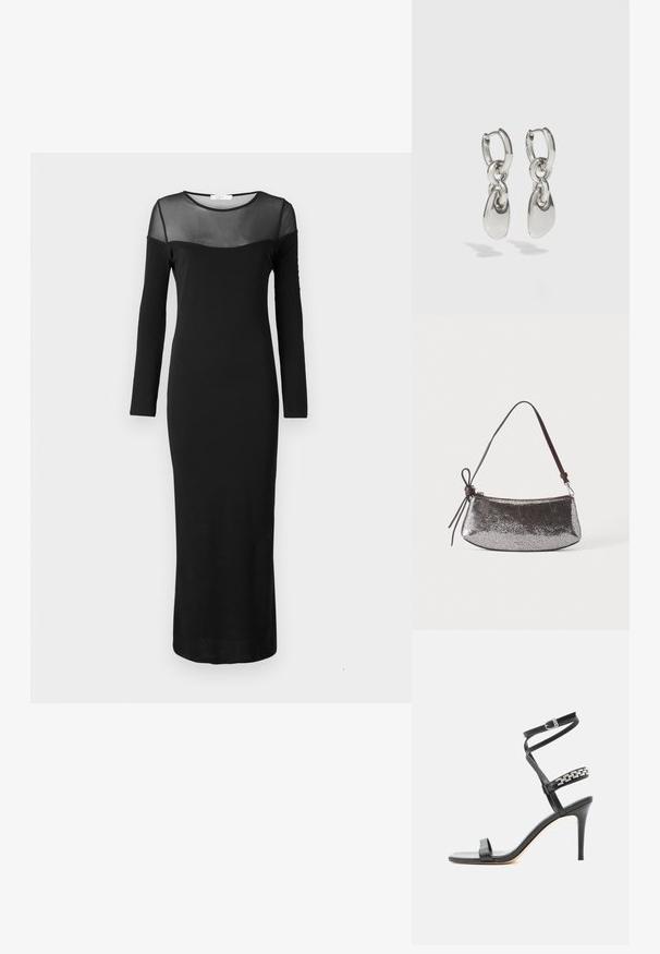 Robe noire à manches longues avec une silhouette ajustée, présentant un décolleté et des manches en mesh transparent, une texture lisse et une longueur aux chevilles.; Sandale noire à talon haut avec fine bride à la cheville, bride médiane décorée de maillons de chaîne argentés, et design à bout ouvert.; Petit sac à main argenté métallique avec une surface texturée, une courte sangle marron foncé et un nœud décoratif noué d'un côté.; Boucles d'oreilles en argent avec des maillons ovales allongés, présentant une finition polie et un pendentif tombant texturé. Design simple avec des bords lisses.