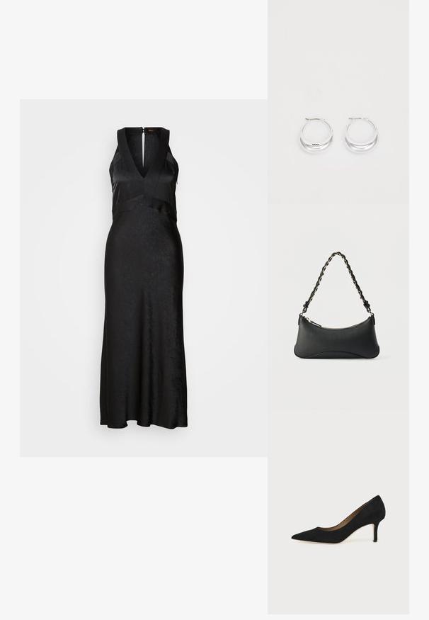 Robe noire avec un col en V, sans manches, présentant une finition texturée et une jupe évasée. Fermeture éclair au dos. Tissu lisse.; Escarpin en daim noir à bout pointu avec un talon stiletto fin de hauteur moyenne et un design à coupe basse sur un fond uni.; Sac à bandoulière en cuir noir de forme rectangulaire incurvée, avec une chaîne dorée tissée dans la bandoulière noire tressée et une fermeture éclair sur le dessus.; Boucles d'oreilles en argent avec une finition polie et un branding DKNY, présentées sur un fond blanc uni.