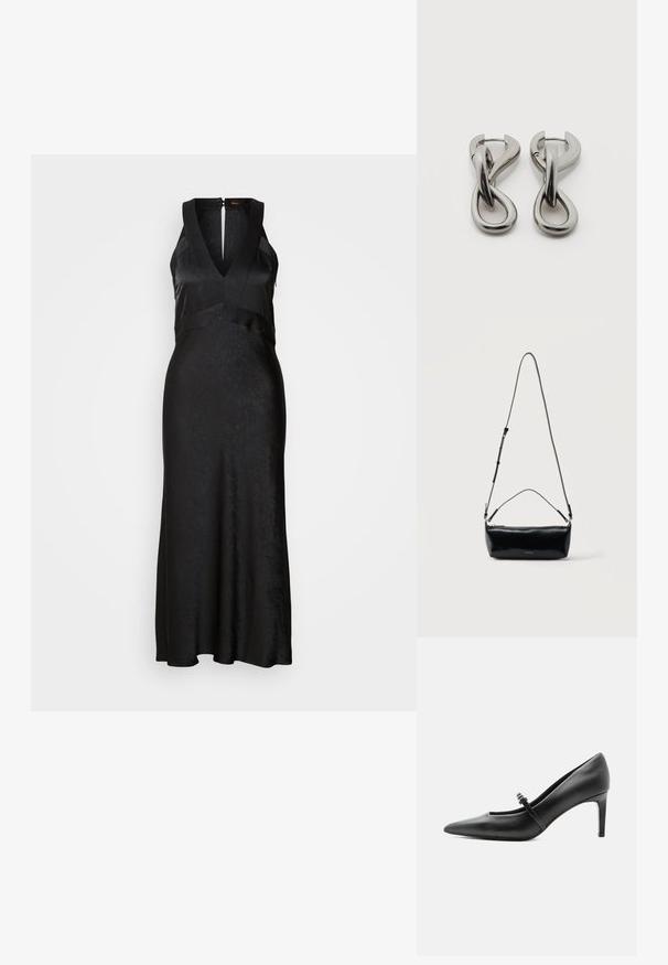 Robe noire avec un col en V, sans manches, présentant une finition texturée et une jupe évasée. Fermeture éclair au dos. Tissu lisse.; Escarpin noir en cuir à bout pointu avec une fine bride et une boucle sur le cou-de-pied, posé sur un fond clair neutre.; Sac bandoulière rectangulaire en cuir noir avec bandoulière ajustable, fermeture éclair sur le dessus et petit logo Calvin Klein doré sur le devant.; Paire de boucles d'oreilles en métal argenté avec un motif abstrait d'anneaux entrelacés sur fond blanc.