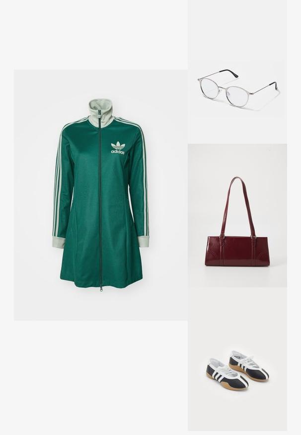 Roheline tõmblukuga spordijope kõrge kraega, kolme valge triibuga varrukatel, kreemjad mansetid ja Adidas logo rindkerel.; Mustvalged spordijalatsid, millel on sile disain, kummist tald, paeltest kinni tõmmatav sulgur ja kolm valget triipu külgedel.; Metallik-hõbedased prillid ümmarguste läätsedega ja õhukese raami ning mustade tempelittega, mis pakuvad kontrasti. Reguleeritavad nina padjad on kaasas.; Burgundia värvi käekott, mis on valmistatud läikivast materjalist, ristküliku kujuline, kahe õlapaelaga ning ees on peened kaarjad aktsendid.