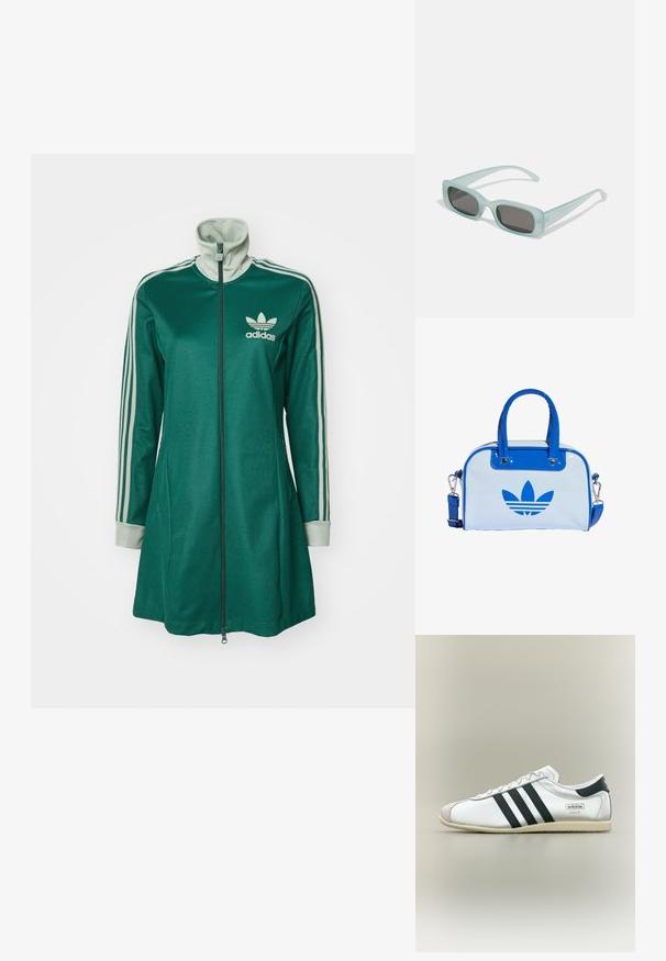 Grøn zip-up athletic jakke med høj krave, tre hvide striber på ærmerne, cremefarvede manchetter og Adidas-logo på brystet.; Hvid Adidas Paris sneaker med sorte striber, beige sål og ruskindstipp, vist fra siden på en neutral baggrund.; Et par rektangulære solbriller med lyseblå gennemsigtige stel og mørkegrå linser, der har lige templer og minimale hardware detaljer.; Blå og hvid håndtaske med blank overflade, der har to blå håndtag, en aftagelig skulderrem og en markant blå logo på forsiden.