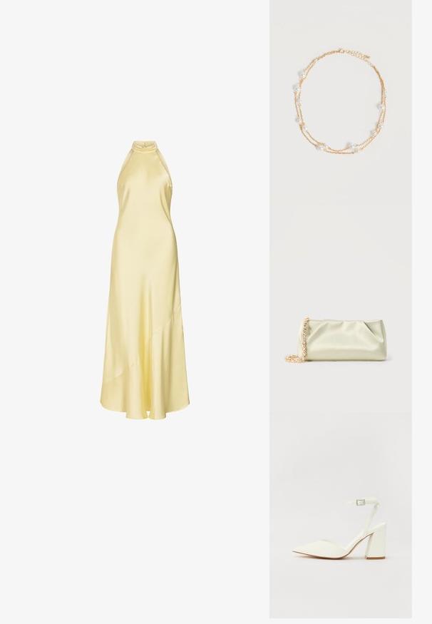 Robe sans manches en satin jaune pâle avec un col haut de type licou, un corsage ajusté et un ourlet asymétrique fluide.; Sandale blanche à talon avec un bout pointu, sangle de cheville réglable et un talon carré épais. Texture lisse avec des détails de couture minimaux.; Pochette en satin vert clair avec une bandoulière chaîne en or et cristaux, forme rectangulaire avec des plis doux sur un fond uni.; Collier délicat à double chaîne en or avec de petites perles blanches espacées régulièrement sur un fond clair uni.