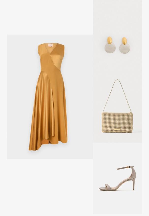 Roksanda WASHED SILK SATIN MIRAL DRESS - Kokteilikleit/peokleit - mustard; Avatud varbaga kõrged kontsad metallilise roosa kuldse värvusega. Omab õhukest pahkluu rihma koos kuldse klambriga ja tekstureeritud viimistlust.; Kuldne käekott ristkülikukujuline, kaetud läikivate hõbedaste kividetaoliste kristallidega. Omab õhukest metallist õlarihma ja luku kinnitust.; Kuld- ja hõbedametallist kõrvarõngad, millel on ümar diskipõhi ja ovaalne pealmine osa, sile tekstuur ja poleeritud viimistlus.