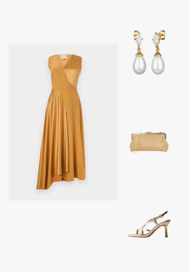 Roksanda WASHED SILK SATIN MIRAL DRESS - Vestido de cóctel - mustard; Sandalia de tacón alto con tiras doradas, hebilla en el tobillo y tacón medio afilado, mostrada sobre un fondo blanco.; Clutch de malla dorada para la noche con marco metálico, cierre de broche y una delicada correa de cadena, sobre un fondo blanco liso.; Los pendientes en tono dorado presentan un cristal transparente en corte marquesa en la parte superior de una perla blanca en forma de gota. Textura lisa con acabados pulidos.