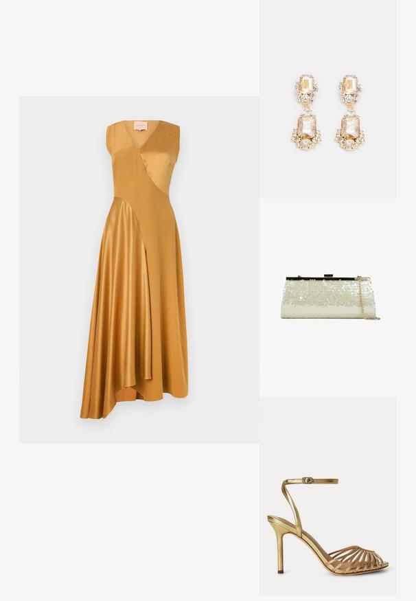 Roksanda WASHED SILK SATIN MIRAL DRESS - Vestido de cóctel - mustard; Sandalia dorada de tacón alto con tiras finas, puntera abierta y correa ajustable en el tobillo con una pequeña hebilla.; Bolso de mano con lentejuelas blancas relucientes, estructura metálica en tono dorado y una correa de cadena colgada a un lado, sobre un fondo blanco.; Pendientes de gota en tono dorado que presentan grandes cristales rectangulares y redondos transparentes, con piedras de acento más pequeñas, creando un diseño en capas.