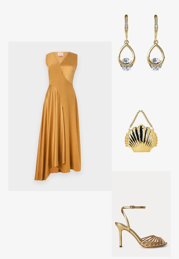 Roksanda WASHED SILK SATIN MIRAL DRESS - Cocktailjurk - mustard; Gouden sandaal met hoge hak, dunne bandjes, open teen en verstelbare enkelband met een kleine gesp.; Gouden metalen handtasje in schelpvorm met een parelmoerhandvat en parelknop op een witte achtergrond.; Gouden druppeloorbellen met ronde, heldere edelstenen aan de basis. Gelaagd bovenstuk met kleine, ronde accenten langs de ring.