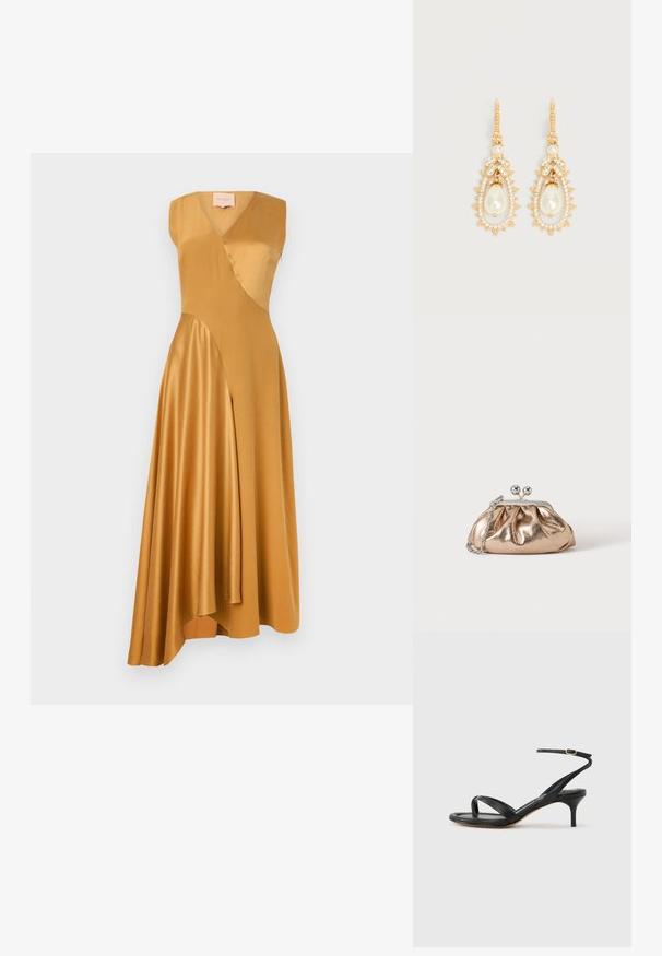 Roksanda WASHED SILK SATIN MIRAL DRESS - Kokteilikleit/peokleit - mustard; Mustast nahast naiste sandaal õhukeste rihmadega, varbaringi, pahkluu pandlaga ja keskmise kõrgusega kitsekontsaga neutraalsel taustal.; Väike kuldse metallikatusega õlakott, millel on hõbedane kinnitus ja kett-õlarihm, ühevärvilisel heledal taustal.; Kullatooni tilga-kõrvarõngad pisikeste läbipaistvate kristallide ja lehekujuliste kristallkaunistustega, mis ümbritsevad pisarakuju kunstpärleid.