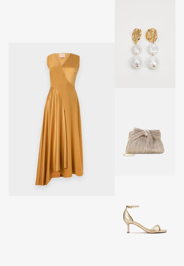 Roksanda WASHED SILK SATIN MIRAL DRESS - Kokteilikleit/peokleit - mustard; Kuldmetallist kõrge kontsaga sandaalid, millel on pahkluu rihm, esitades ees risti rihmad ja ruudukujuline varvas. K; Metallist kuldne kott, millel on pleeeditud kanga detail, ülaosas kaunistatud paela ja kuldse ketinööriga mugavuse ning lihtsama kandmise jaoks.; Kullatud metallist kõrvarõngad, millel on orgaaniliste kujunditega aksessuaare, ja kolm läikivat, ebaühtlast mageveepärlit valgetes toonides.