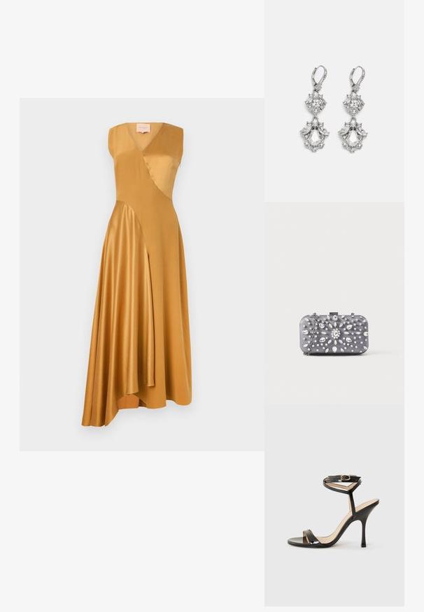 Roksanda WASHED SILK SATIN MIRAL DRESS - Cocktailkleid/festliches Kleid - mustard; Schwarze Lackleder-Sandaletten mit hohen Absätzen, dünnem Knöchelriemen und Schnalle, offener Zehenpartie und schlankem Stiletto-Absatz auf weißem Hintergrund.; Kleine rechteckige dunkelgraue Clutch, verziert mit klaren Strasssteinen in einem strahlenförmigen Muster und einem silbernen Kettenriemen.; Silberfarbene Ohrringe mit mehreren klaren Kristallgemmen in Tropfen- und Marquiseformen, mit Klappverschluss und kunstvollen Details.