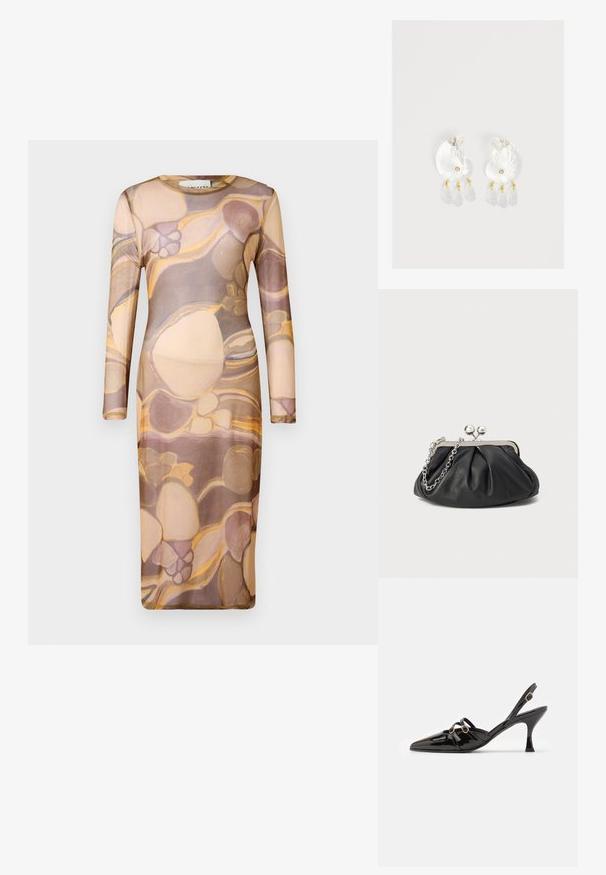 Robe à manches longues, ajustée, en tissu léger et transparent présentant un motif abstrait dans des teintes beiges, brunes et dorées.; ALOHAS JOELLE ONIX - Escarpins - black; Porte-monnaie en cuir noir avec texture froncée, cadre en métal argenté, fermeture à verrouillage kiss-lock et bandoulière en chaîne. Surface lisse et douce.; Boucles d'oreilles en résine transparente en forme de coquillage avec de petits accents dorés et trois breloques translucides en forme de goutte pendantes sur chaque boucle d'oreille.