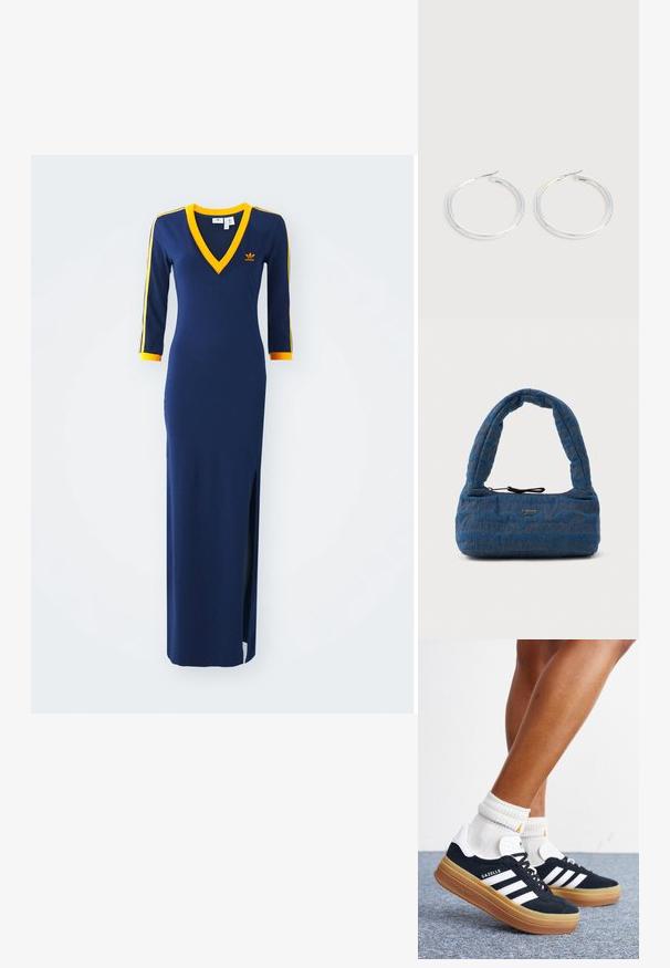 Marineblauwe maxi-jurk met een V-hals, driekwart mouwen, gele accenten op de halslijn en de manchetten, en een zijsplit. Bevat een geborduurd logo.; Ben met witte sokken en zwarte Adidas Gazelle sneakers met witte strepen en dikke bruine zolen op een grijs tapijt.; Blauw denim handtas met een gevoerde, gebogen handgreep. Bevat een subtiel bruin logo patroon en een zwarte trekkoordsluiting.; Een paar glanzende zilveren oorringen met dunne draadafsluitingen, getoond op een lichtgrijze achtergrond.