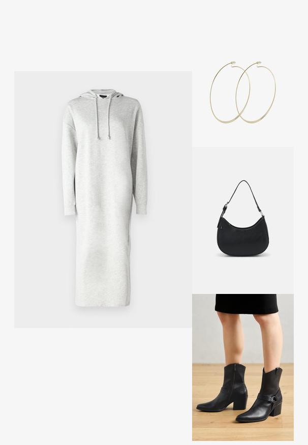Hoodie-Kleid mit langen Ärmeln aus leicht grauem Sweatstoff, das einen lockeren Schnitt, seitliche Schlitze und eine Anpassungsschnur an der Kapuze aufweist.; Schwarze Leder-Stiefeletten mit spitzem Zehenbereich, Reißverschluss, geschwungenem Absatz und einem dekorativen Riemen mit metallischen Akzenten.; Schwarze Hobo-Tasche aus glattem Leder mit einer geschwungenen Silhouette, ausgestattet mit einem einzelnen verstellbaren Trageriemen und minimalistischem Design.; Pilgrim Ohrringe - gold-coloured