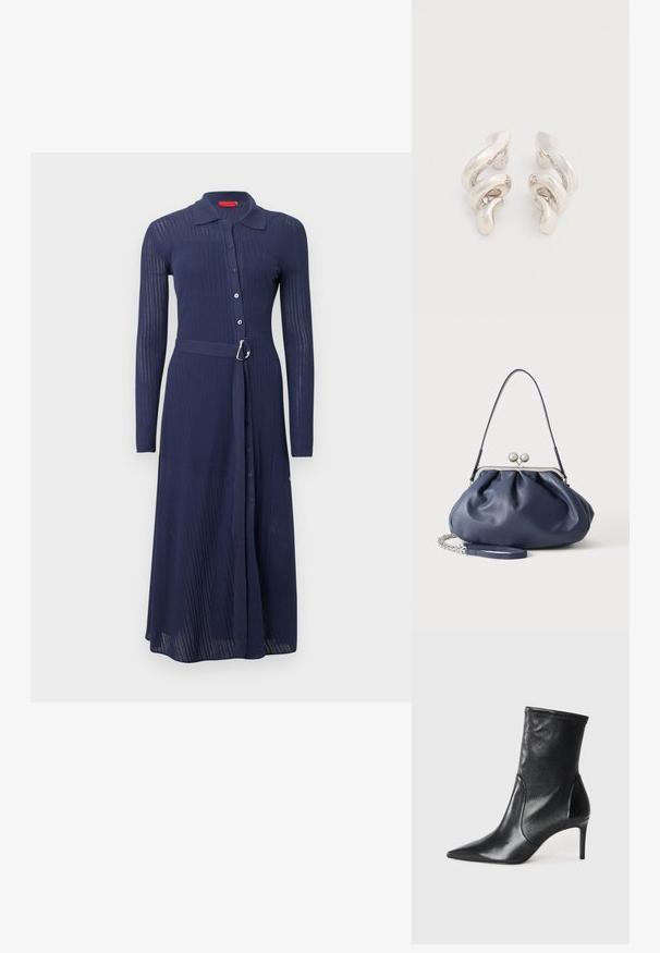 Robe bleu marine côtelée avec manches longues, fermeture à boutons sur le devant et taille ceinturée avec une boucle argentée. Elle comporte un col et une coupe longue jusqu'aux chevilles.; Bottes noires à la cheville en cuir lisse, dotées d'un bout pointu, d'un tige ajustée et d'un talon haut fin. Design minimaliste sans quincaillerie visible.; Sac à main en cuir bleu marine doux avec fermeture à boucle argentée, une seule bandoulière, et une chaîne de poignet amovible sur fond blanc.; Boucles d'oreilles clips en métal argenté torsadé avec une finition lisse et brillante, présentant un design moderne et abstrait en spirale.