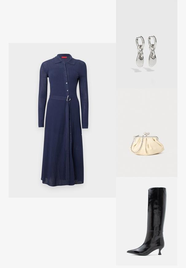 Robe bleu marine côtelée avec manches longues, fermeture à boutons sur le devant et taille ceinturée avec une boucle argentée. Elle comporte un col et une coupe longue jusqu'aux chevilles.; Bottes en cuir noir, montantes jusqu'au genou, avec une finition brillante, un bout pointu et un petit talon carré. Texture lisse, détails de couture minimalistes.; Pochette en cuir beige plissé avec un cadre en métal argenté, dotée de deux fermoirs ronds décoratifs et d'une chaîne en argent.; Boucles d'oreilles en argent avec des maillons ovales allongés, présentant une finition polie et un pendentif tombant texturé. Design simple avec des bords lisses.