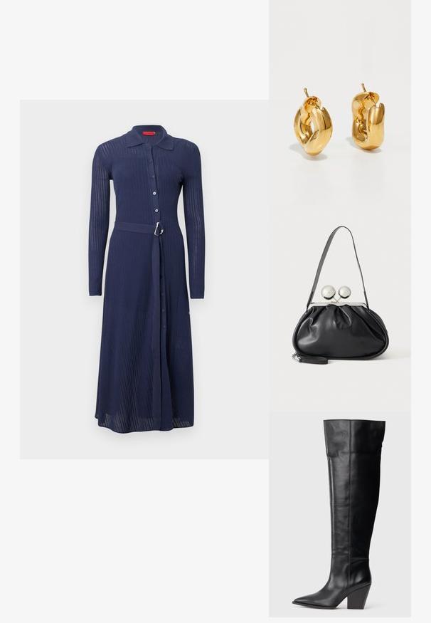 Robe bleu marine côtelée avec manches longues, fermeture à boutons sur le devant et taille ceinturée avec une boucle argentée. Elle comporte un col et une coupe longue jusqu'aux chevilles.; Botte noire en cuir, à bout pointu, avec un talon bloc haut et anglé, et des coutures verticales le long de la tige.; Sac à main en cuir noir avec un design plissé, une sangle unique, un cadre métallique argenté et deux grandes fermoirs ronds en argent.; Boucles d'oreilles créoles en or massif avec un design tubulaire légèrement tordu et des fermoirs à tige sur un fond blanc.