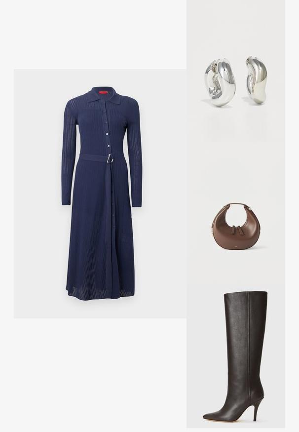 Robe bleu marine côtelée avec manches longues, fermeture à boutons sur le devant et taille ceinturée avec une boucle argentée. Elle comporte un col et une coupe longue jusqu'aux chevilles.; Botte en cuir noire, montée jusqu'au genou, avec un bout pointu, un design épuré et un fin talon haut. Texture lisse et minimalisme des détails.; Sac à main en cuir marron en forme de croissant avec une poignée supérieure et deux curseurs de fermeture éclair, sur fond blanc.; Boucles d'oreilles sculpturales en argent avec des formes douces et courbes et des surfaces réfléchissantes. Présentent un design de boucle fermée et une forme organique distincte.
