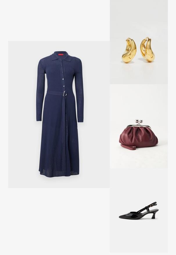 Robe bleu marine côtelée avec manches longues, fermeture à boutons sur le devant et taille ceinturée avec une boucle argentée. Elle comporte un col et une coupe longue jusqu'aux chevilles.; Chaussure slingback en cuir verni noir à petit talon, bout pointu et bride réglable avec boucle dorée sur fond blanc.; Petit sac pochette en cuir bordeaux avec fermoir métallique argenté et bracelet sur fond blanc.; Boucles d'oreilles en or en forme de d'anneaux lisses et courbés avec une finition polie. Équipées d'un mécanisme de fermeture et de légères indentations pour le détail.
