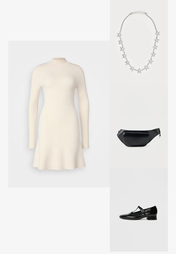 Strickkleid mit langen Ärmeln in Off-White, hohem Ausschnitt und ausgestelltem Saum, das eine glatte Textur und einen taillierten Oberkörper aufweist.; Schwarze Mary Jane Schuhe aus Leder mit spitzer Spitze, kleinem Blockabsatz und verstellbarem Riemen mit silberner Schnalle. Glatte, glänzende Textur.; Schwarze Gürteltasche aus Kunstleder mit einer vorderen Klappentasche und verstellbarem Riemen mit Reißverschlussverschluss.; Silberne Kettenhalskette mit elf sternförmigen Anhängern, von denen jeder über einen klaren zentralen Edelstein verfügt, und einem verstellbaren Verschluss.