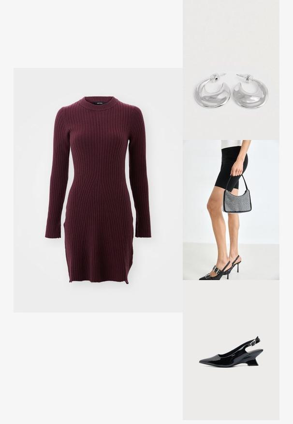 Bordová dlhá rukávová rebrovaná šaty s vysokým golierom, s vertikálnymi prúžkami a mierne priliehavým strihom.; Čierna lakovaná slingback topánka so špicatou špičkou a nízkym šikmým blokovým opätkom na jednoduchom svetlom pozadí.; Čierna korálková kabelka s zakriveným siluetom, nosnou rukoväťou a lesklou textúrou. Nosená s vysokými čiernymi topánkami na opätku a priliehavými čiernymi šortkami.; Pár lesklých strieborných náušníc v tvare polkruhu s priehľadnými plastovými zátkami na bielom povrchu.