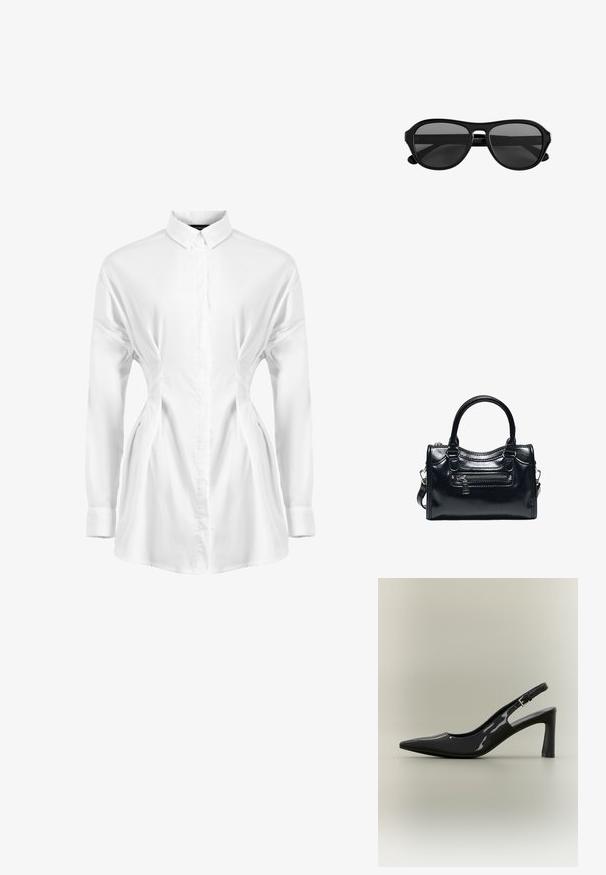Chemise blanche à manches longues en tissu lisse, avec une fermeture à boutons à l'avant, un col pointu et des détails froncés sur les côtés pour un effet épuré.; Escarpin slingback en cuir verni noir, bout pointu, talon bloc de hauteur moyenne et bride ajustable avec boucle.; Lunettes de soleil à monture en plastique noir avec des verres teintés foncés et un pont étroit, vues de face sur un fond blanc.; Sac à main en cuir noir brillant avec deux poignées, poche avant zippée et bandoulière amovible sur fond blanc.