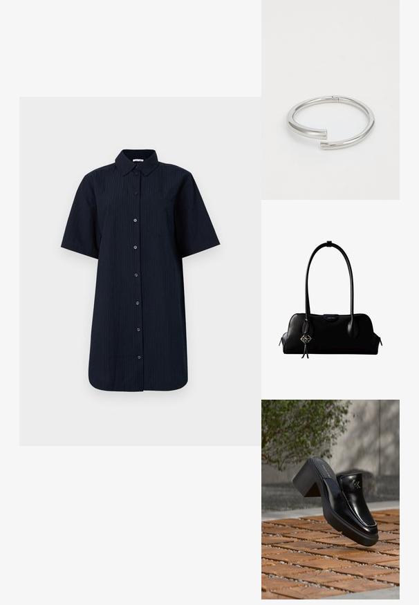 Lühikeste varrukatega nööbitav särk tumesinisel põhjal vertikaalsete triipudega, millel on üks rinna tasku ja struktureeritud krae.; Mustast nahast Calvin Kleini slip-on mules, millel on plokk-konts, toetub puitplaatidele õues, lähedal rohelisele taimele ja hallile seinale.; Must nahast Calvin Kleini käekott pikkade sangadega, esiküljel logoga silt ja ühe sangast ripub hõbedane geomeetriline ripats.; Calvin Klein SPIRAL - Käevõru - silver-coloured