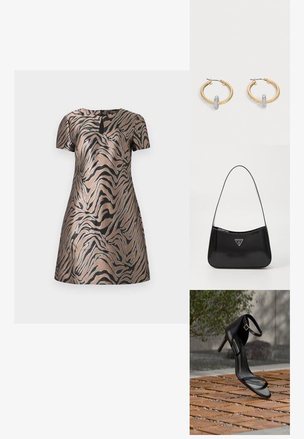 Robe à manches courtes en tissu bronze métallique avec des motifs en rayures de tigre noires et un discret détail en forme de clé à l'arrière.; Sandale noire à talon haut avec sangle à la cheville, suspendue au-dessus d'un sol en carreaux de bois à l'extérieur, avec un arrière-plan flou de verdure et de pierre.; Sac à épaule en cuir verni noir avec une forme incurvée, présentant un logo triangle en argent et une fermeture éclair. Texture lisse et bandoulière fine.; Paire de boucles d'oreilles créoles dorées avec un petit détail boucle ton argent sur chaque, exposées sur fond gris clair.