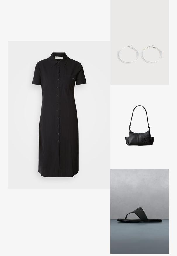 Musta lyhythihainen mekko, jossa on kaulus, edessä nappikiinnitys ja pieni rintatasku. Valmistettu teksturoidusta kankaasta.; Mustat Calvin Klein -verkkosandaalit kellumassa puisilla lankuilla, pienillä kivillä ulkona, taustalla epätarkka vihreä kasvillisuus ja betoniseinä.; Musta nahkainen olkalaukku, jossa pitkä hihna, sivutaskut ja painettu Calvin Klein -logo edessä.; Pari kiiltäviä hopeisia renkaanmuotoisia korvakoruja, joissa on ohuet langan sulkimet, esillä vaaleanharmaalla taustalla.