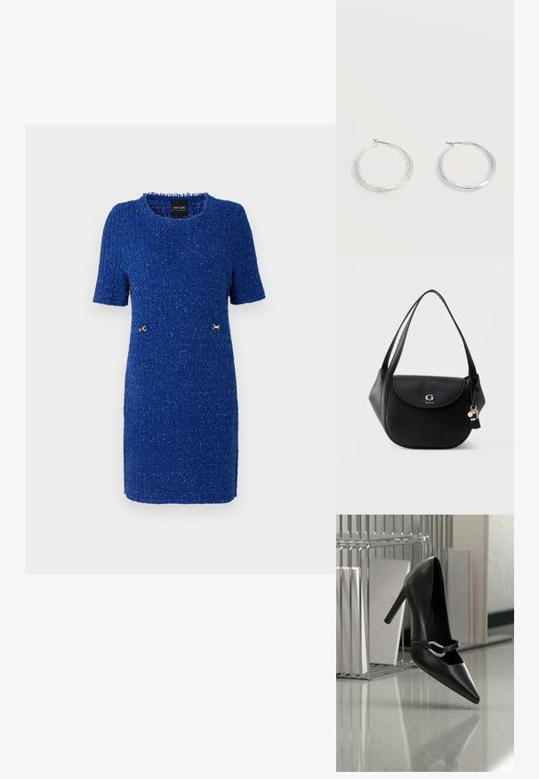 Robe bleue à manches courtes, longueur genou, faite d'un tissu texturé, avec des accents dorés à la taille et un col rond.; Chaussure à talon haut noire pointue avec une bride à boucle argentée, placée sur une surface réfléchissante près d’un organiseur métallique contenant des papiers.; Sac à épaule en cuir noir avec rabat incurvé, logo doré "G GUESS", doubles sangles et breloques porte-clés suspendues sur fond uni.; Boucles d’oreilles créoles en métal argenté avec une surface lisse légèrement incurvée et des fermoirs à clapet sur un fond blanc uni.