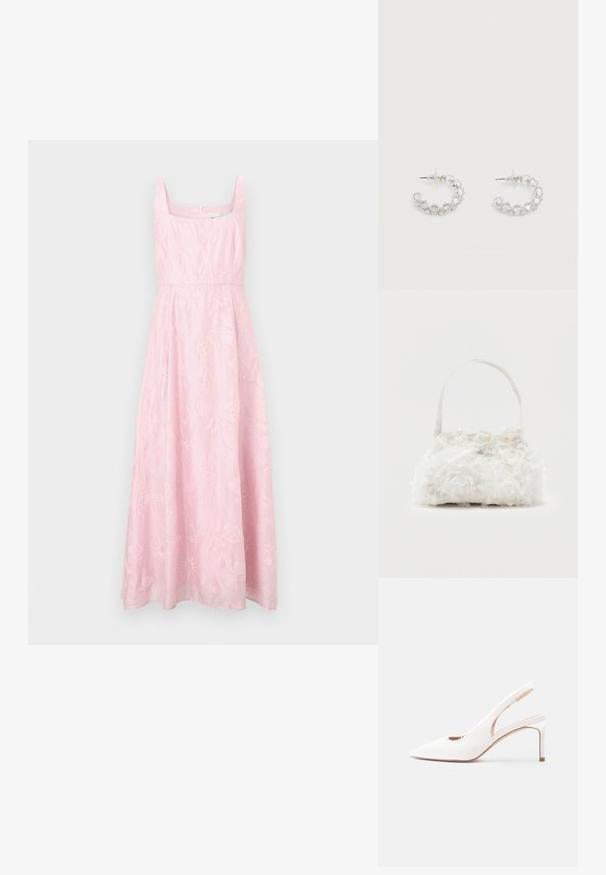Robe rose sans manches avec un décolleté carré, ornée de broderies florales et une coupe évasée en ligne A. Fermeture éclair dissimulée au dos.; Escarpin blanc à talon haut avec bride arrière, pointe pointue, finition texturée et bord festonné sur le côté.; Petit sac à main blanc orné de roses en tissu recouvrant le corps et d'une fine anse unique, sur un fond uni.; Boucles d'oreilles anneaux en argent incrustées de cristaux facettés clairs, avec attaches à tige et embouts transparents sur fond blanc.