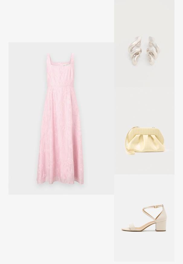 Robe rose sans manches avec un décolleté carré, ornée de broderies florales et une coupe évasée en ligne A. Fermeture éclair dissimulée au dos.; Sandales à talon bloc beiges présentant un design minimaliste, bout ouvert et une sangle de cheville ajustable avec une boucle dorée. Texture lisse.; Pochette en cuir couleur crème avec un cadre supérieur structuré et une lanière pour poignet, présentée sur un fond clair uni.; Boucles d'oreilles clips en métal argenté torsadé avec une finition lisse et brillante, présentant un design moderne et abstrait en spirale.