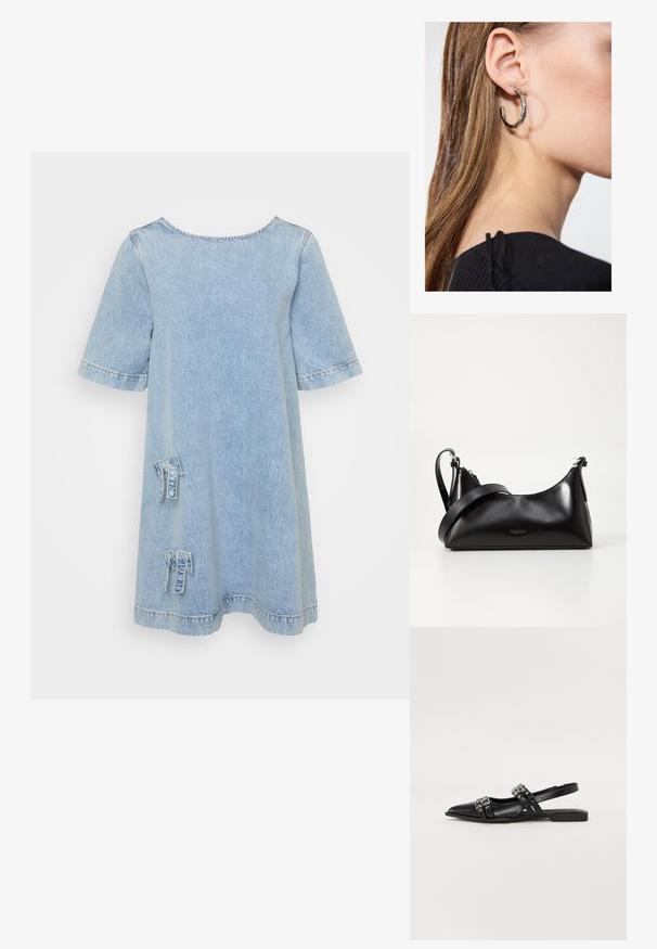 Svetlomodré džínové šaty s krátkymi rukávmi, okrúhlym výstrihom a dvoma nášivkami vpredu. Majú roztrhnuté okraje a voľný strih.; Even&Odd by Zalando Balerínky na šnúrky - black; Čierna kožená kabelka s hladkou textúrou. Obsahuje nastaviteľný popruh a elegantný, minimalistický dizajn so zipsovým uzatvorením.; Strieborná kruhová náušnica s lesklým povrchom, obsahujúca malé zlaté akcenty a okrúhly tvar, nosená na lalôčiku ucha.