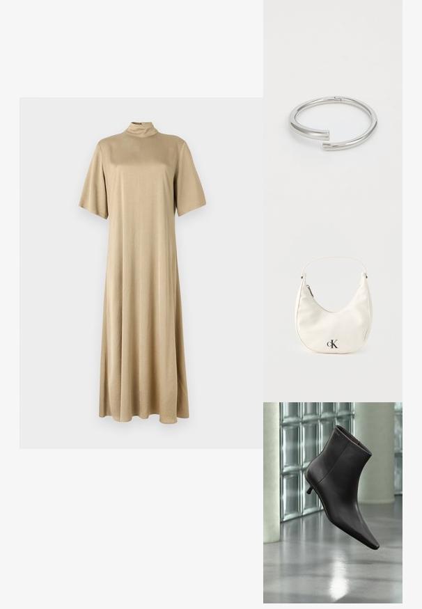 Beige, knielange jurk met hoge hals en korte mouwen. Gemaakt van zachte stof, met een relaxte pasvorm en eenvoudig ontwerp.; Zwarte leren enkellaars met puntige neus en lage hak, afgebeeld tegen een glazen blokkenmuur en gepolijste vloer op de achtergrond.; Kleine witte handtas in de vorm van een halve maan met een kort hengsel, ritssluiting en zwart "cK" logo aan de voorkant.; Calvin Klein SPIRAL - Armband - silver-coloured