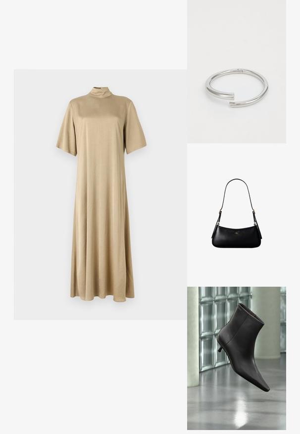 Vestido beige hasta las rodillas con cuello alto y mangas cortas. Hecho de una tela suave, presenta un corte holgado y un diseño sencillo.; Bota de cuero negro para el tobillo con puntera puntiaguda y tacón pequeño, exhibida frente a una pared de bloques de vidrio y un suelo pulido.; Mini bolso negro de cuero para hombro con correa delgada y pequeño logo dorado CK en el centro frontal.; Calvin Klein SPIRAL - Pulsera - silver-coloured