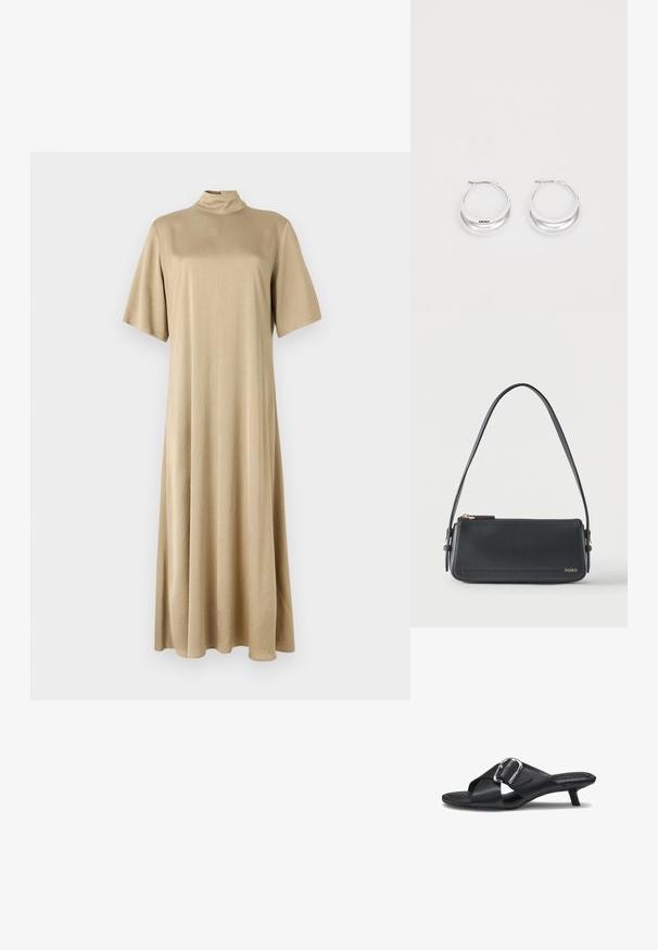 Beige, knielange jurk met hoge hals en korte mouwen. Gemaakt van zachte stof, met een relaxte pasvorm en eenvoudig ontwerp.; Zwarte leren sandalen met een lage kittenhak, brede gekruiste banden en een grote zilveren gespsluiting aan de zijkant.; Zwarte rechthoekige lederen schoudertas met gouden ritssluiting en klein goudkleurig "HUGO"-logo aan de voorkant, voorzien van een verstelbare riem met gesp.; Zilveren creolen met een gepolijste afwerking en DKNY-branding, weergegeven tegen een effen witte achtergrond.