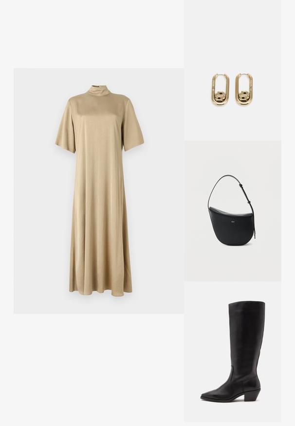Beige, knælængde kjole med høj hals og korte ærmer. Lavet af glat stof, med en afslappet pasform og et enkelt design.; Sort læderstøvle til midtkalv med spids tå og lavt skråt hæl på en enkel lys baggrund.; Sort halv-måne skuldertaske i læder med justerbar rem og guld "BOSS"-logo centreret foran.; BOSS DOUBLE B SWING - Øreringe - gold-coloured